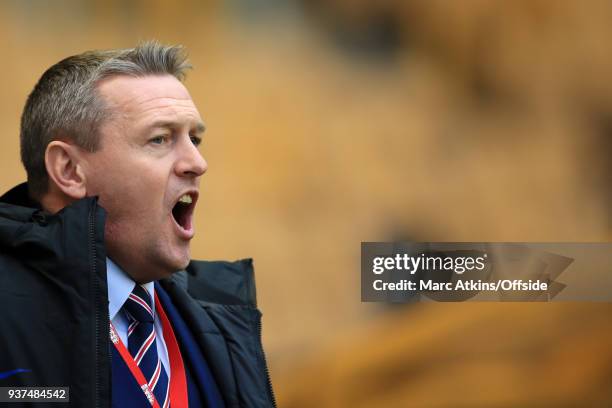 England U21 manager Aidy Boothroyd during the U21 International Friendly match between England U21 and Romania U21 at Molineux on March 24, 2018 in...