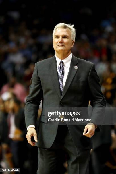 Head coach Bruce Weber of the Kansas State Wildcats looks on against the Loyola Ramblers in the first half during the 2018 NCAA Men's Basketball...