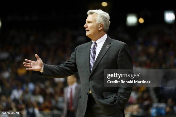 Head coach Bruce Weber of the Kansas State Wildcats reacts against the Loyola Ramblers in the first half during the 2018 NCAA Men's Basketball...