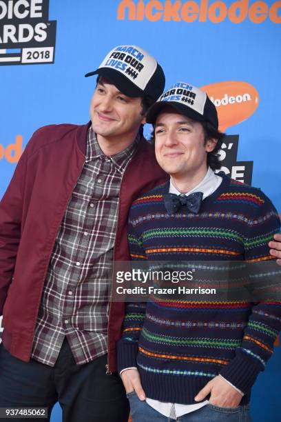 Ben Schwartz and Josh Brener attend Nickelodeon's 2018 Kids' Choice Awards at The Forum on March 24, 2018 in Inglewood, California.