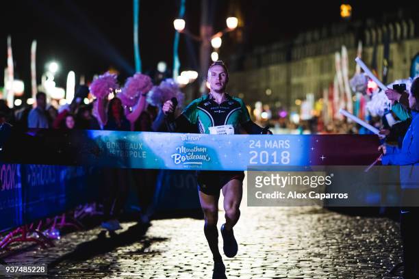 Vivien Laporte of France celebrates winning the race during Marathon de Bordeaux Metropole 2018 on March 24, 2018 in Bordeaux, France.