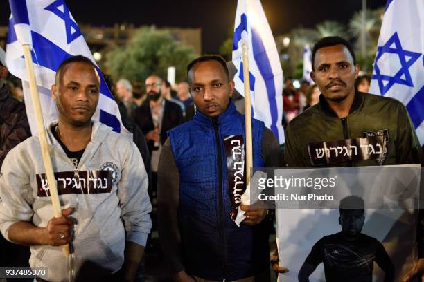 African asylum seekers protest against deportation of asylum seekers at Rabin Square in Tel Aviv on March 24, 2018. Over 20,000 African asylum...