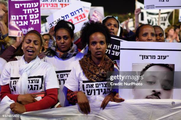 African asylum seekers protest against deportation of asylum seekers at Rabin Square in Tel Aviv on March 24, 2018. Over 20,000 African asylum...