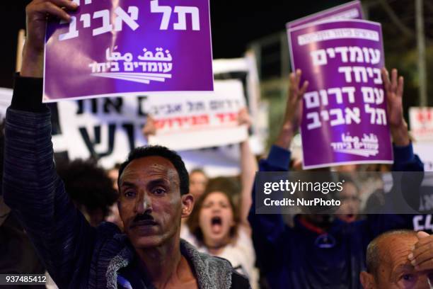 African asylum seekers protest against deportation of asylum seekers at Rabin Square in Tel Aviv on March 24, 2018. Over 20,000 African asylum...