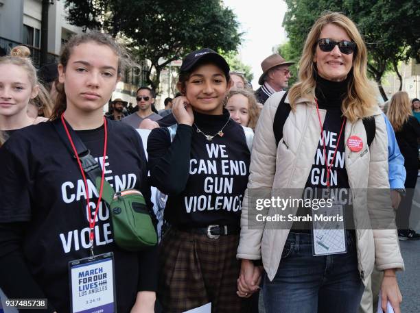 Actress Laura Dern and daughter Jaya Harper participate in the March for Our Lives Los Angeles rally on March 24, 2018 in Los Angeles, California....
