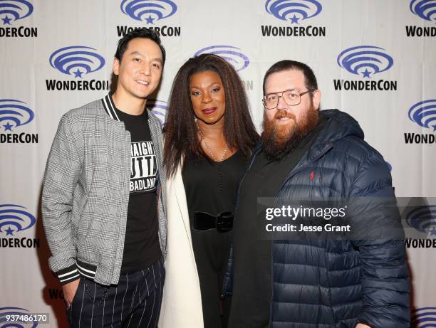 Actor/executive producer Daniel Wu, actors Lorraine Toussaint and Nick Frost of AMC's 'Into the Badlands' attend WonderCon at Anaheim Convention...