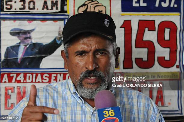 Juan Barahona, supporter of deposed Honduran President Manuel Zelaya and leader of the National Front of Resistance against the Coup speaks duaring a...