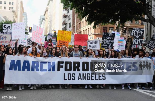 Demonstrators participate in the March for Our Lives Los Angeles rally on March 24, 2018 in Los Angeles, California. More than 800 March for Our...