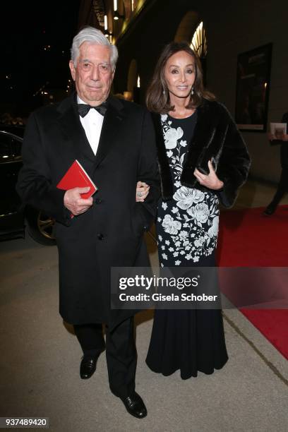 Peruvian writer and Nobel Prize winner Mario Vargas Llosa and his partner Isabel Preysler during the Easter Opera Festival opening premiere of...