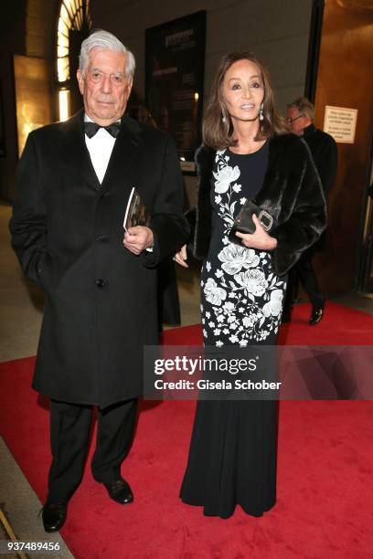 Peruvian writer and Nobel Prize winner Mario Vargas Llosa and his partner Isabel Preysler during the Easter Opera Festival opening premiere of...