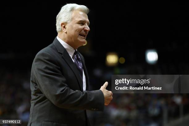 Head coach Bruce Weber of the Kansas State Wildcats reacts to his team against the Loyola Ramblers in the first half during the 2018 NCAA Men's...