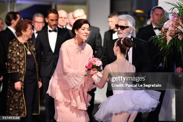 Princess Caroline of Hanover and Karl Lagerfeld arrive at the Rose Ball 2018 To Benefit The Princess Grace Foundation at Sporting Monte-Carlo on...