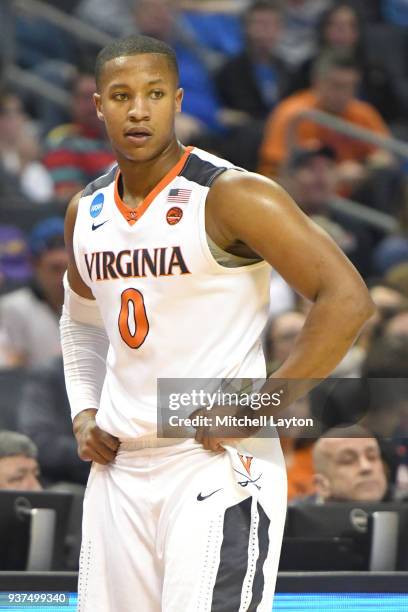 Devon Hall of the Virginia Cavaliers looks on during the first round of the 2018 NCAA Men's Basketball Tournament against the UMBC Retrievers at the...