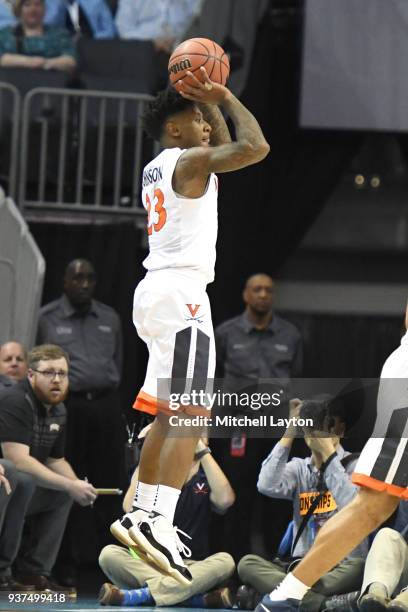 Nigel Johnson of the Virginia Cavaliers takes a jump shot during the first round of the 2018 NCAA Men's Basketball Tournament against the UMBC...