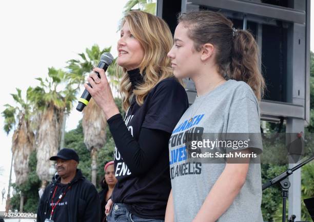Actress Laura Dern and daughter Jaya Harper speak at the March for Our Lives Los Angeles rally on March 24, 2018 in Los Angeles, California. More...
