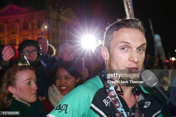 Vivien Laporte of France celebrates winning the race during Marathon de Bordeaux Metropole on March 24, 2018 in Bordeaux, France.