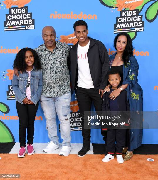 Mike Tyson with Lakiha Tyson and Milan Tyson, Miguel Tyson, and Morocco Tyson attend Nickelodeon's 2018 Kids' Choice Awards at The Forum on March 24,...