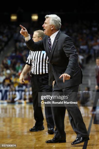 Head coach Bruce Weber of the Kansas State Wildcats reacts to his team against the Loyola Ramblers in the second half during the 2018 NCAA Men's...
