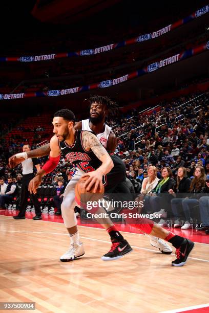 Denzel Valentine of the Chicago Bulls handles the ball against the Detroit Pistons on March 24, 2018 at Little Caesars Arena in Auburn Hills,...