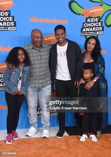 Milan Tyson, Mike Tyson, Miguel Tyson, Morocco Tyson and Lakiha Tyson attend Nickelodeon's 2018 Kids' Choice Awards at The Forum on March 24, 2018 in...