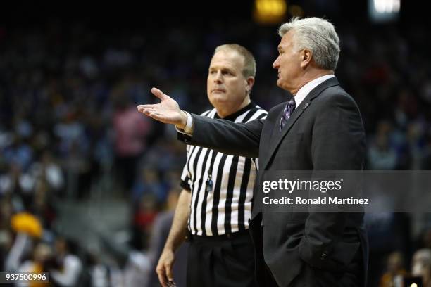 Head coach Bruce Weber of the Kansas State Wildcats questions the official against the Loyola Ramblers in the second half during the 2018 NCAA Men's...