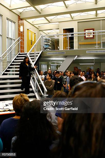 The cast, former guest stars, producers and crew of "Grey's Anatomy" celebrated the series' 100th episode on the set of the hit show on Friday, March...