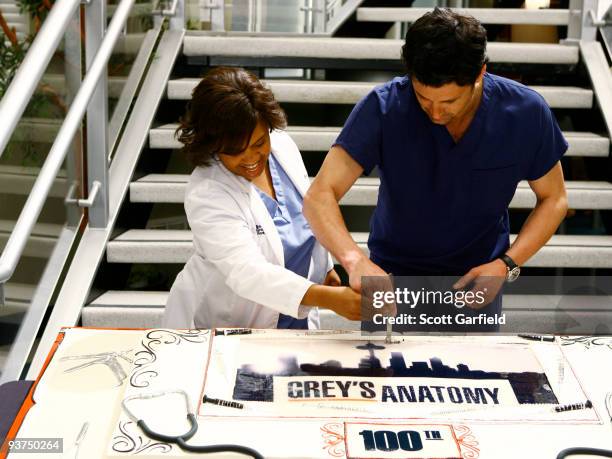 The cast, former guest stars, producers and crew of "Grey's Anatomy" celebrated the series' 100th episode on the set of the hit show on Friday, March...