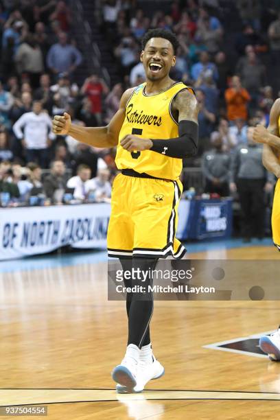 Jourdan Grant of the UMBC Retrievers looks on during the first round of the 2018 NCAA Men's Basketball Tournament against the Virginia Cavaliers at...