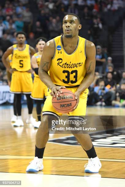 Arkel Lamar of the UMBC Retrievers takes a foul shot during the first round of the 2018 NCAA Men's Basketball Tournament against the Virginia...