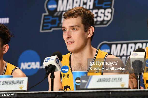 Joe Sherburne of the UMBC Retrievers addresses the media after the first round of the 2018 NCAA Men's Basketball Tournament against the Virginia...