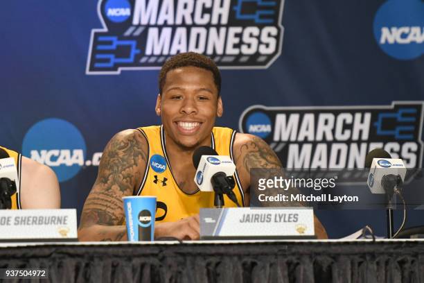 Jairus Lyles of the UMBC Retrievers addresses the media after the first round of the 2018 NCAA Men's Basketball Tournament against the Virginia...