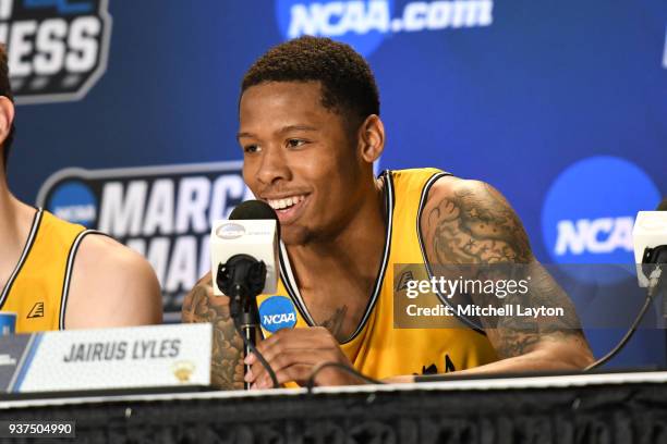 Jairus Lyles of the UMBC Retrievers addresses the media after the first round of the 2018 NCAA Men's Basketball Tournament against the Virginia...