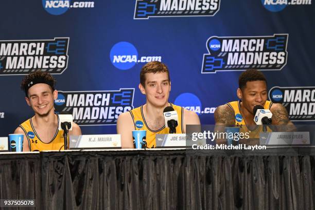 Macura, Joe Sherburne and Jairus Lyles of the UMBC Retrievers address the media after the first round of the 2018 NCAA Men's Basketball Tournament...