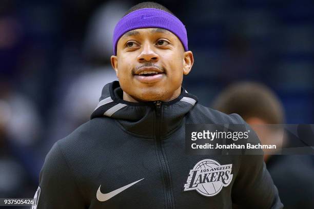 Isaiah Thomas of the Los Angeles Lakers reacts before a game against the New Orleans Pelicans at the Smoothie King Center on March 22, 2018 in New...