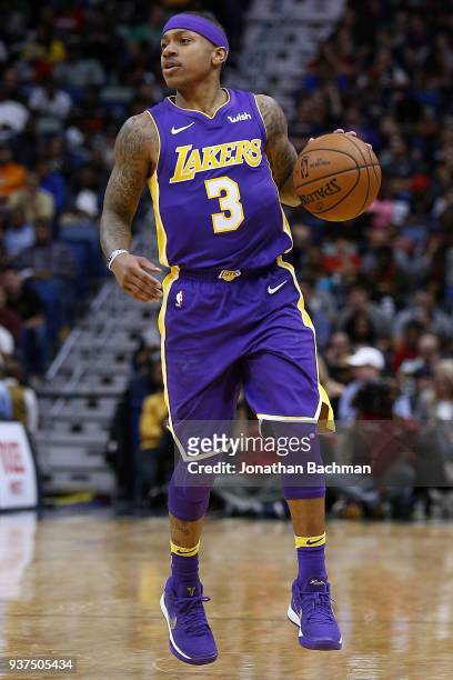 Isaiah Thomas of the Los Angeles Lakers drives with the ball during the first half against the New Orleans Pelicans at the Smoothie King Center on...