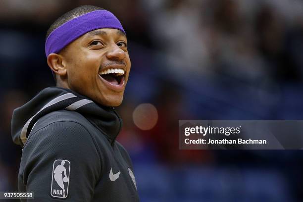 Isaiah Thomas of the Los Angeles Lakers reacts before a game against the New Orleans Pelicans at the Smoothie King Center on March 22, 2018 in New...