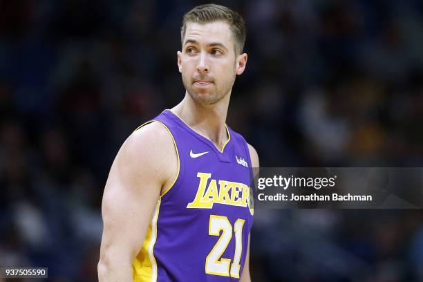 Travis Wear of the Los Angeles Lakers reacts during the first half against the New Orleans Pelicans at the Smoothie King Center on March 22, 2018 in...