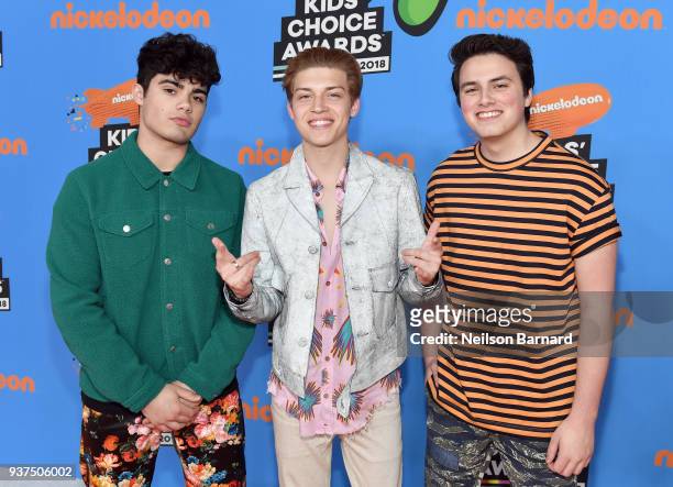 Liam Attridge, Emery Kelly and Ricky Garcia attend Nickelodeon's 2018 Kids' Choice Awards at The Forum on March 24, 2018 in Inglewood, California.