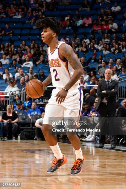 Elfrid Payton of the Phoenix Suns handles the ball against the Orlando Magic on March 24, 2018 at Amway Center in Orlando, Florida. NOTE TO USER:...