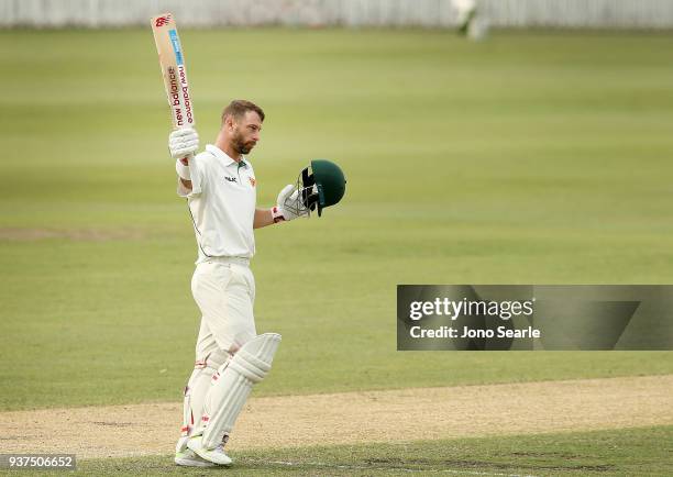 Tasmania player Matthew Wade celebrates making 100 runs during day three of the Sheffield Shield final match between Queensland and Tasmania at Allan...