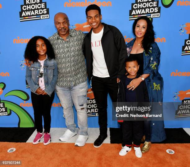 Milan Tyson, Mike Tyson, Miguel Tyson, Morocco Tyson and Lakiha Tyson attends Nickelodeon's 2018 Kids' Choice Awards at The Forum on March 24, 2018...