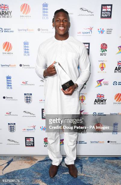 Maro Itoje wins the Sporting Equals Sportsman of the Year Award at the BEDSA Awards 2018, sponsored by Sporting Equals, at the Grosvenor House Hotel,...