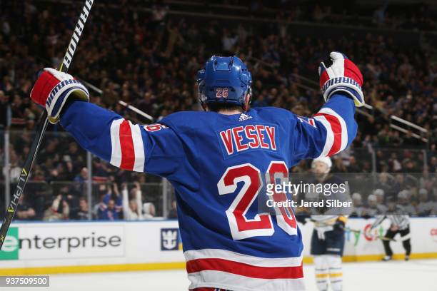 Jimmy Vesey of the New York Rangers reacts after scoring a goal in the first period against the Buffalo Sabres at Madison Square Garden on March 24,...