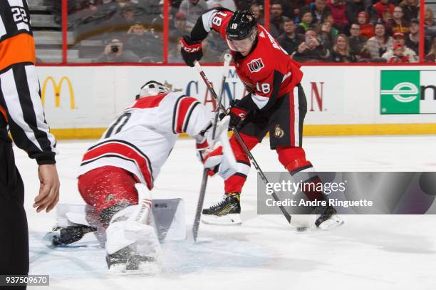 Ryan Dzingel of the Ottawa Senators toe-drags the puck on a breakaway scoring chance against Cam Ward of the Carolina Hurricanes at Canadian Tire...