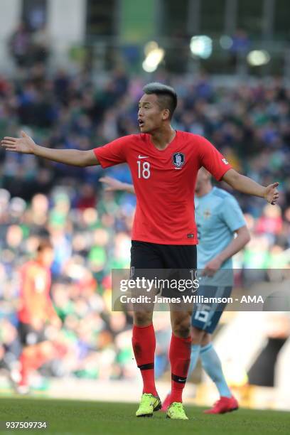 Kim Shin-wook of South Korea during an International Friendly fixture between Northern Ireland and Korea Republic at Windsor Park on March 24, 2018...