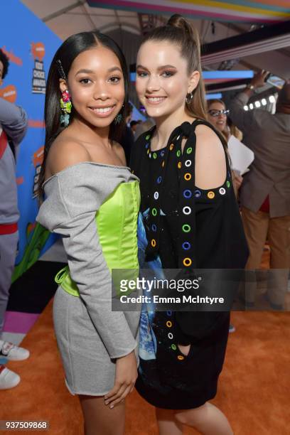 Actor Kyla Drew Simmons and Chloe East attend Nickelodeon's 2018 Kids' Choice Awards at The Forum on March 24, 2018 in Inglewood, California.