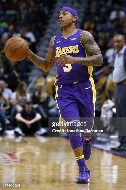 Isaiah Thomas of the Los Angeles Lakers drives with the ball during the first half against the New Orleans Pelicans at the Smoothie King Center on...