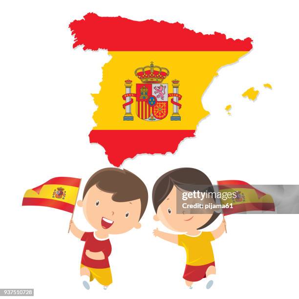 boy and girl holding spain flag - country geographic area stock illustrations