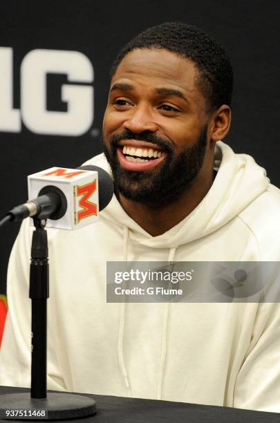 Former Maryland Terrapin Torrey Smith talks to the media before the game between the Maryland Terrapins and the Michigan Wolverines at Xfinity Center...