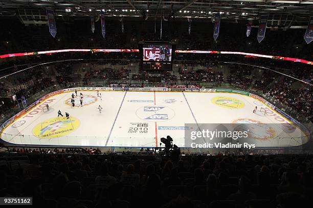 General view of the SAP Arena is seen during the Deutsche Eishockey Liga game between Adler Mannheim and Hannover Scorpions at SAP Arena on December...